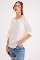 Kolu Lastikli Önü Bağlamalı Keten Bluz - 4