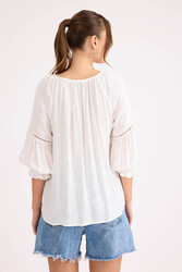 Kolu Lastikli Önü Bağlamalı Keten Bluz - 5