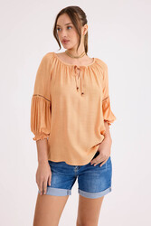 Kolu Lastikli Önü Bağlamalı Keten Bluz - 9