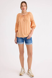 Kolu Lastikli Önü Bağlamalı Keten Bluz - 7