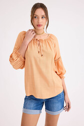 Kolu Lastikli Önü Bağlamalı Keten Bluz - 8