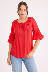 Kolu Lastikli Önü Bağlamalı Keten Bluz - 19