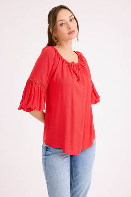 Kolu Lastikli Önü Bağlamalı Keten Bluz - 23