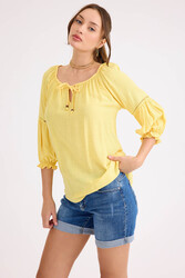 Kolu Lastikli Önü Bağlamalı Keten Bluz - 28