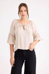 Kolu Lastikli Önü Bağlamalı Keten Bluz - 30