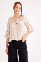 Kolu Lastikli Önü Bağlamalı Keten Bluz - 31