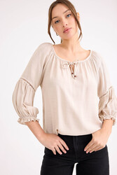 Kolu Lastikli Önü Bağlamalı Keten Bluz - 32