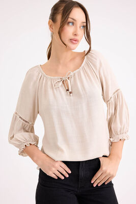 Kolu Lastikli Önü Bağlamalı Keten Bluz - 33