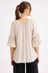 Kolu Lastikli Önü Bağlamalı Keten Bluz - 34