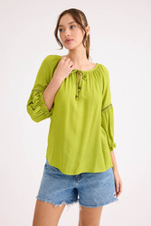 Kolu Lastikli Önü Bağlamalı Keten Bluz - 35