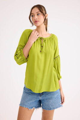 Kolu Lastikli Önü Bağlamalı Keten Bluz - 35