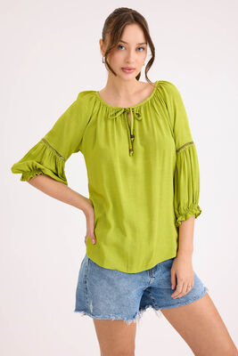 Kolu Lastikli Önü Bağlamalı Keten Bluz - 37