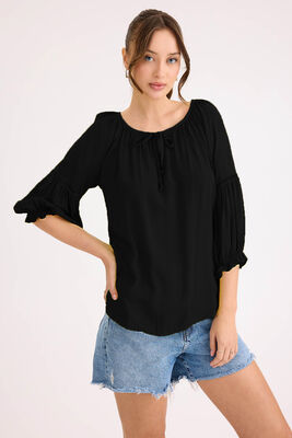 Kolu Lastikli Önü Bağlamalı Keten Bluz - 39