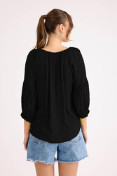 Kolu Lastikli Önü Bağlamalı Keten Bluz - 42