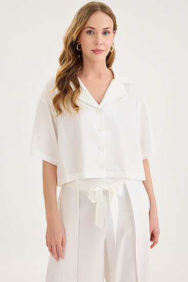 Krinkıl Kumaş Kısa Kol Crop Gömlek - 1