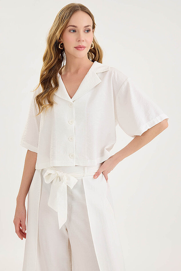 Krinkıl Kumaş Kısa Kol Crop Gömlek - 3