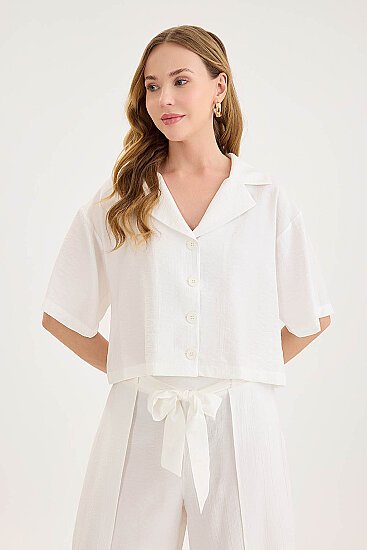 Krinkıl Kumaş Kısa Kol Crop Gömlek - 5