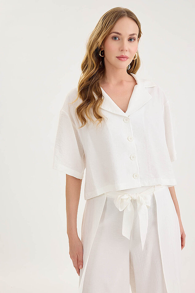 Krinkıl Kumaş Kısa Kol Crop Gömlek - 6