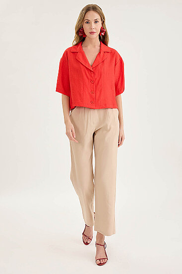 Krinkıl Kumaş Kısa Kol Crop Gömlek - 21