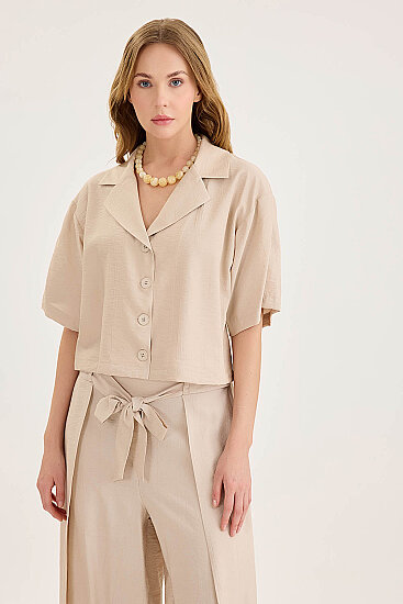 Krinkıl Kumaş Kısa Kol Crop Gömlek - 36