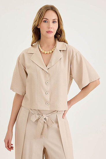 Krinkıl Kumaş Kısa Kol Crop Gömlek - 31