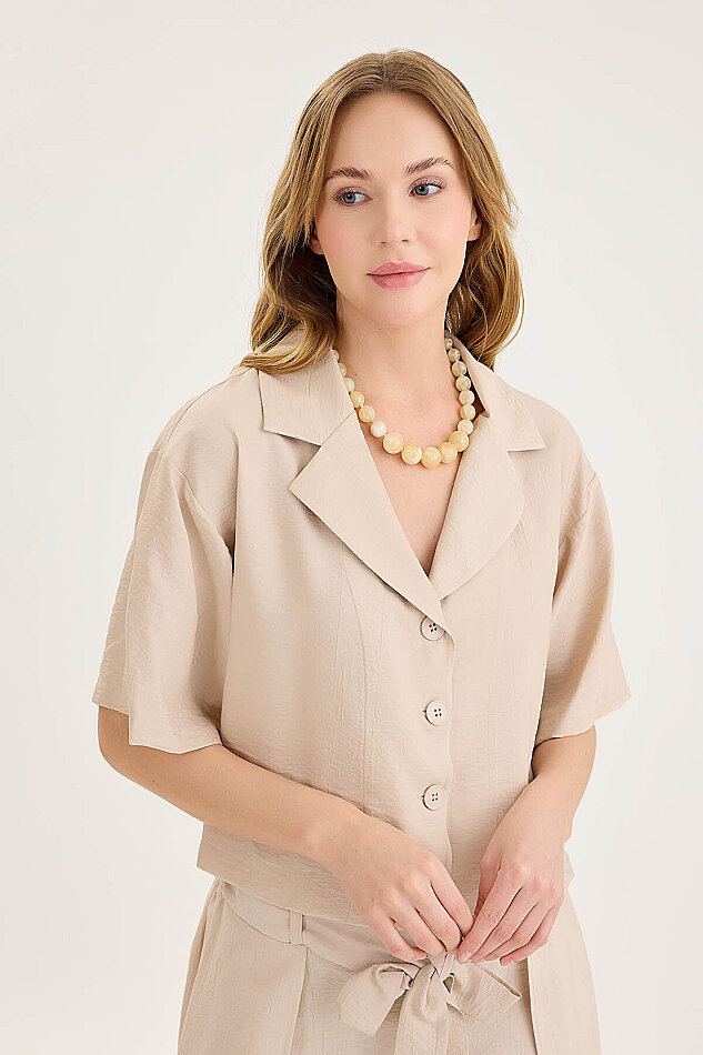 Krinkıl Kumaş Kısa Kol Crop Gömlek - 34