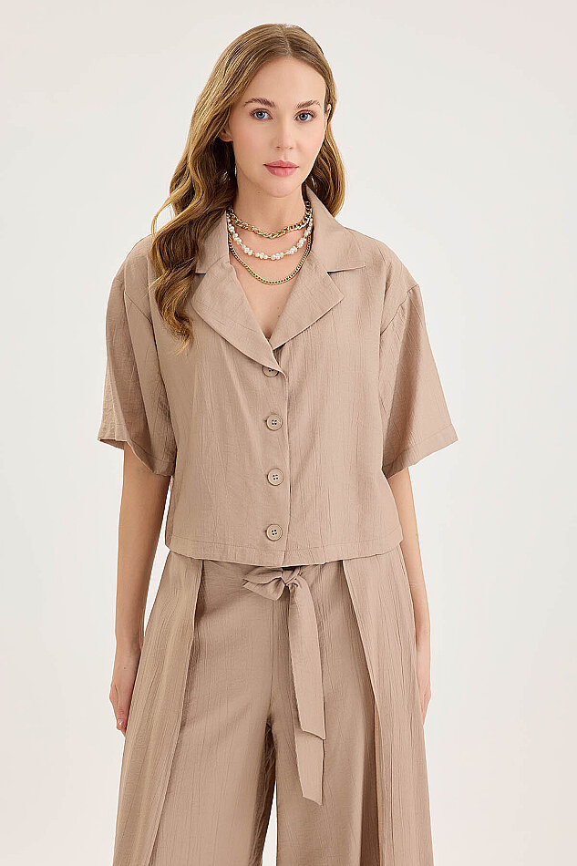 Krinkıl Kumaş Kısa Kol Crop Gömlek - 37