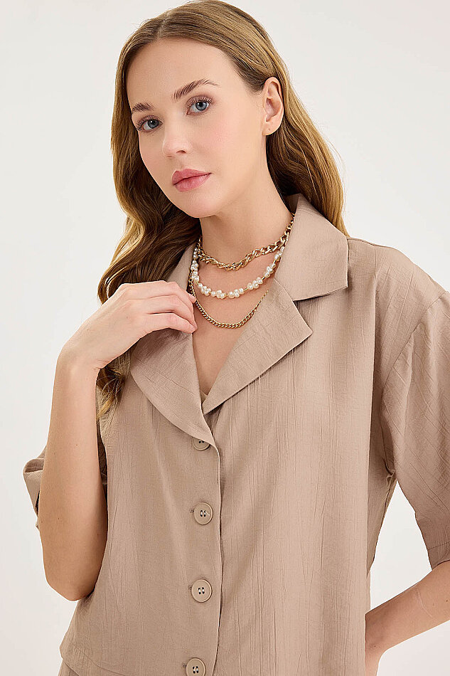 Krinkıl Kumaş Kısa Kol Crop Gömlek - 42