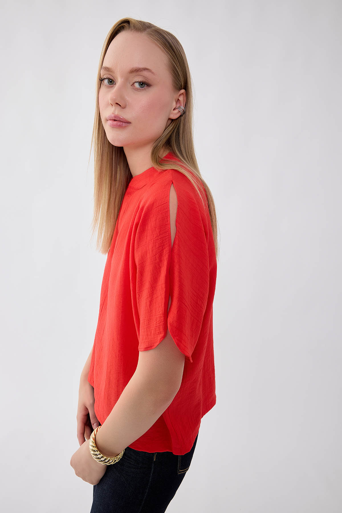 Krinkıl Kumaş Kol Detaylı Bluz - Thumbnail