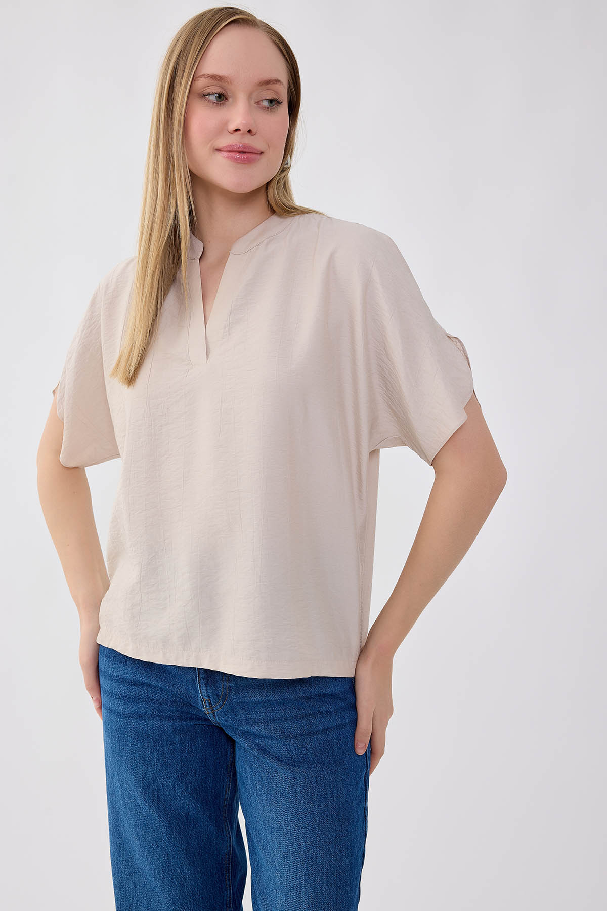 Krinkıl Kumaş Kol Detaylı Bluz - Thumbnail