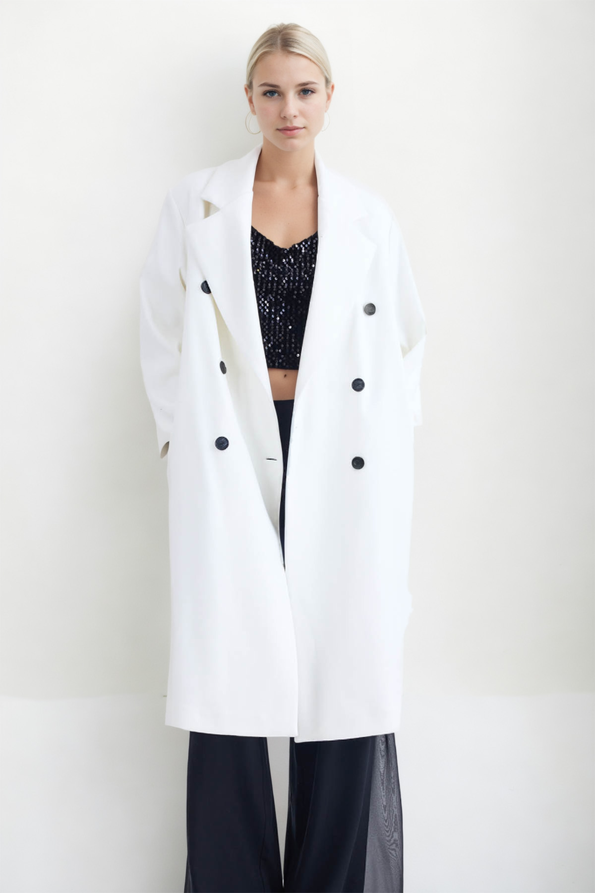 Kruvaze Kapama Düğmeli Uzun Kaşe Kaban - Thumbnail