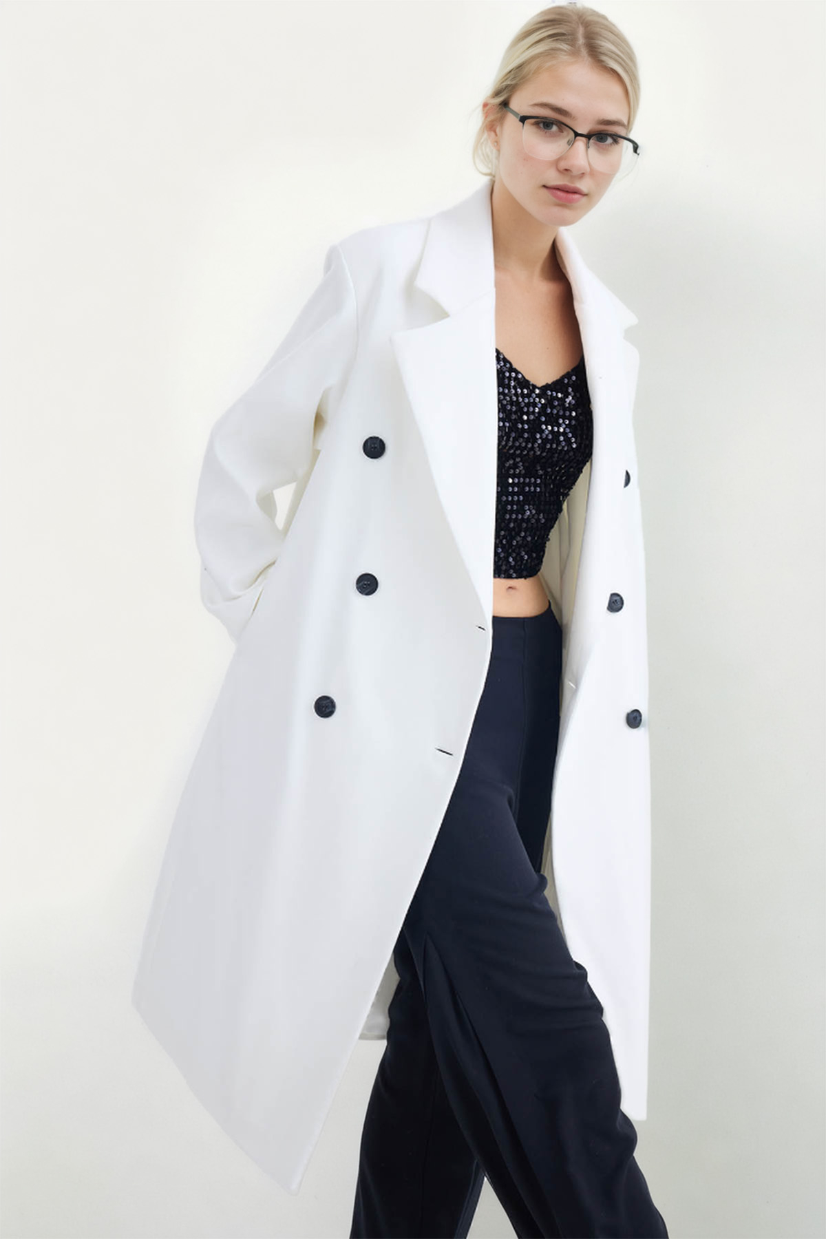 Kruvaze Kapama Düğmeli Uzun Kaşe Kaban - Thumbnail