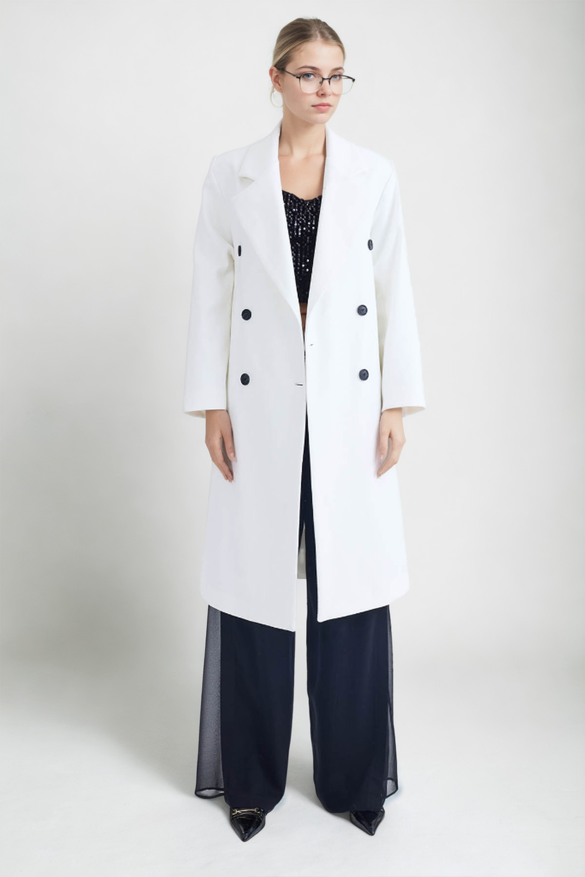 Kruvaze Kapama Düğmeli Uzun Kaşe Kaban - Thumbnail