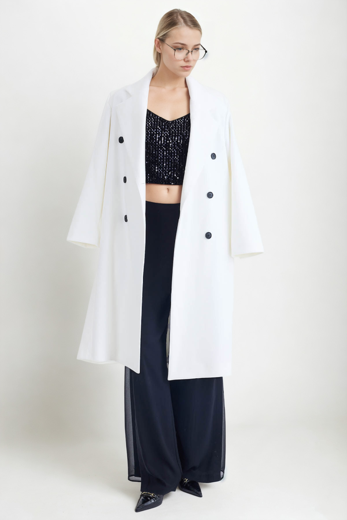 Kruvaze Kapama Düğmeli Uzun Kaşe Kaban - Thumbnail