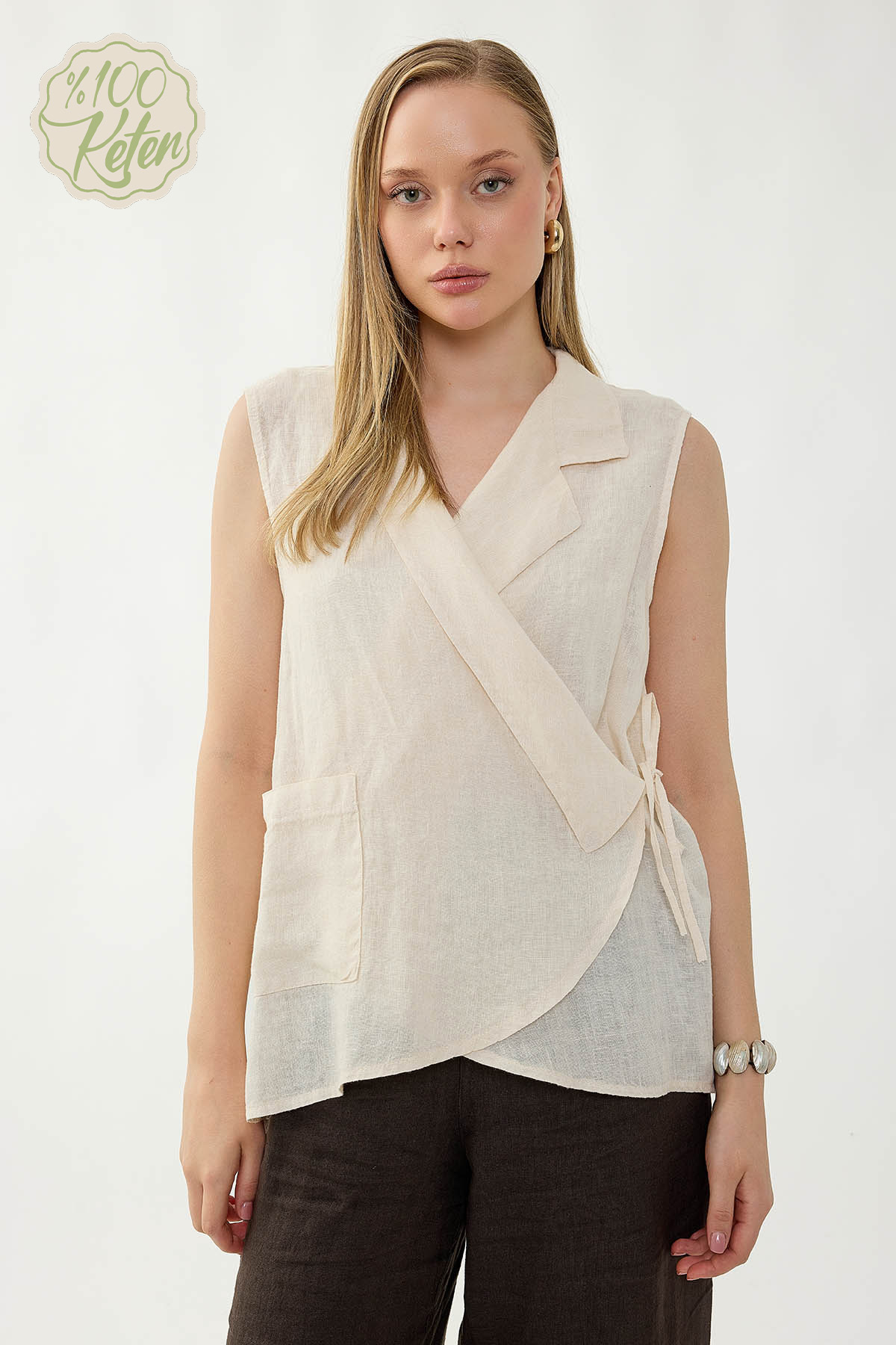 %100 Keten Kruvaze Yaka Bağlamalı Bluz - Thumbnail