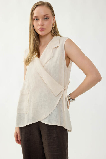 %100 Keten Kruvaze Yaka Bağlamalı Bluz - 12