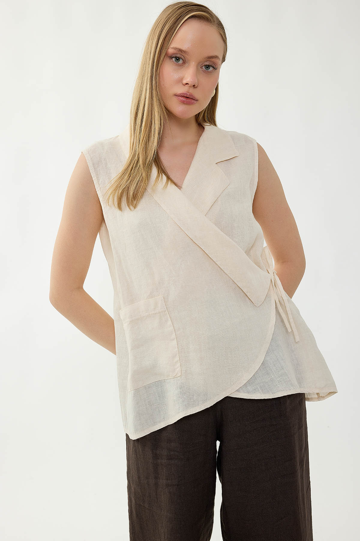 %100 Keten Kruvaze Yaka Bağlamalı Bluz - Thumbnail