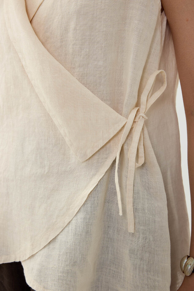 %100 Keten Kruvaze Yaka Bağlamalı Bluz - 17