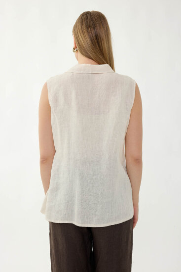 %100 Keten Kruvaze Yaka Bağlamalı Bluz - 14