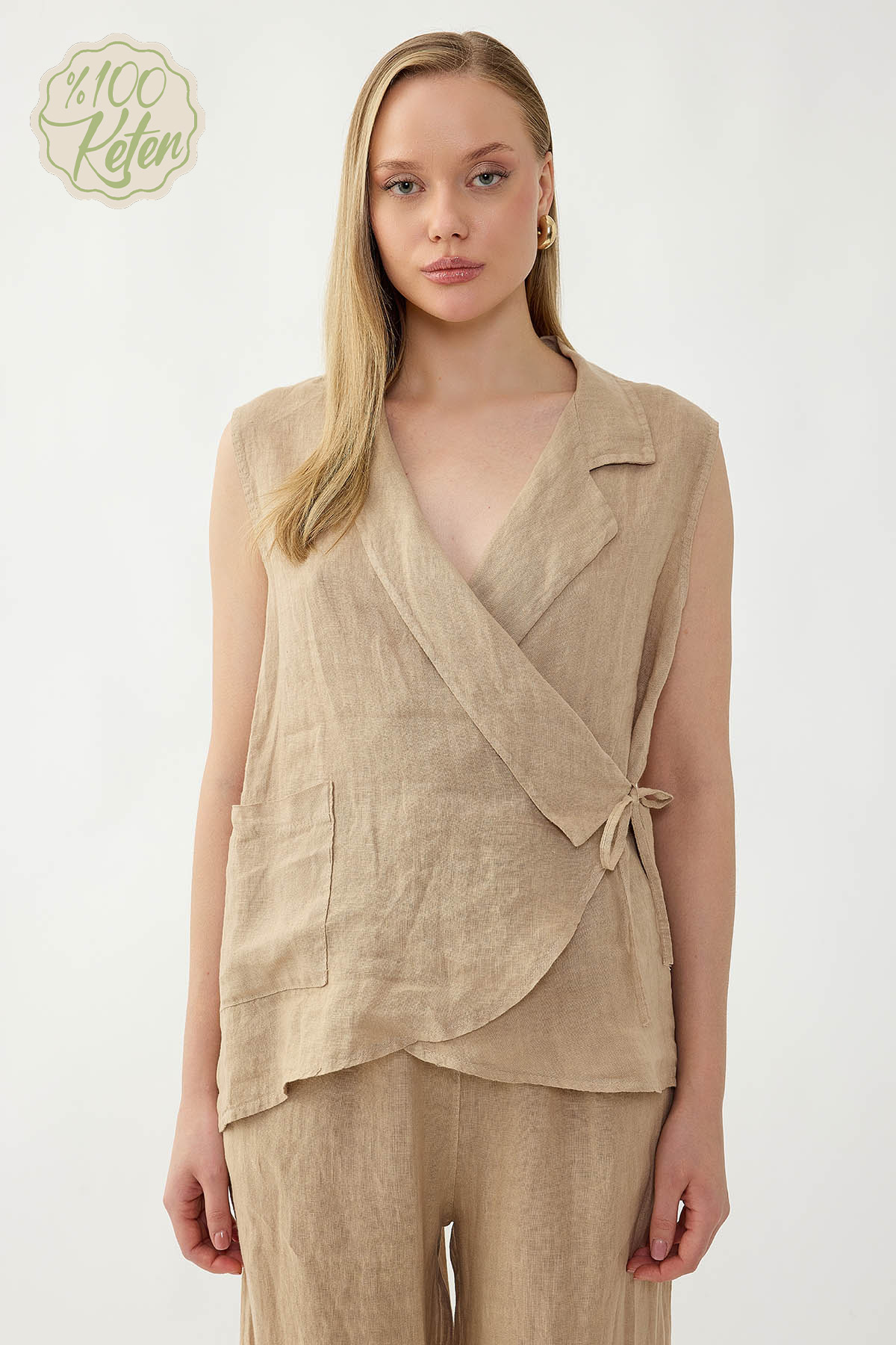 %100 Keten Kruvaze Yaka Bağlamalı Bluz - Thumbnail