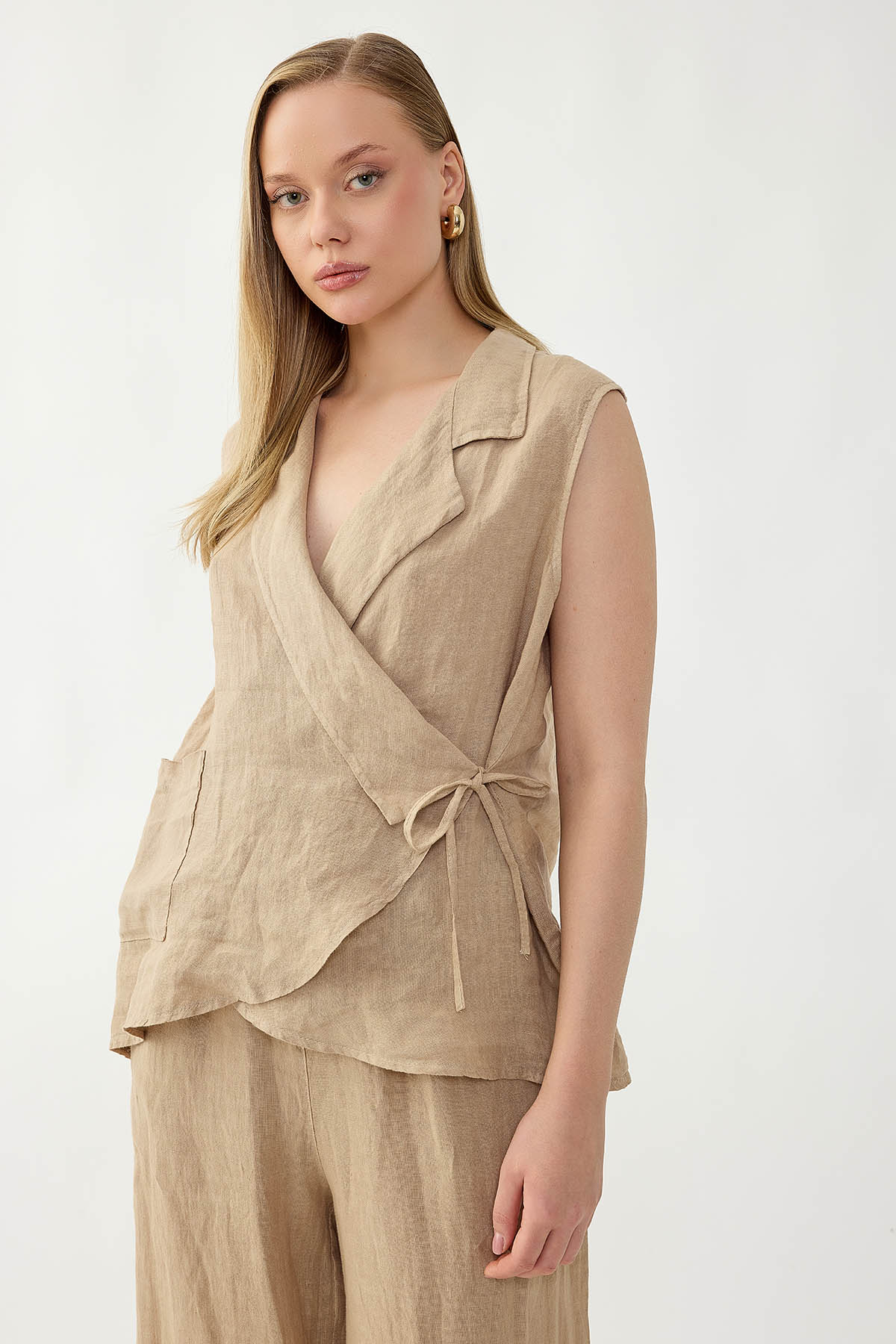 %100 Keten Kruvaze Yaka Bağlamalı Bluz - Thumbnail