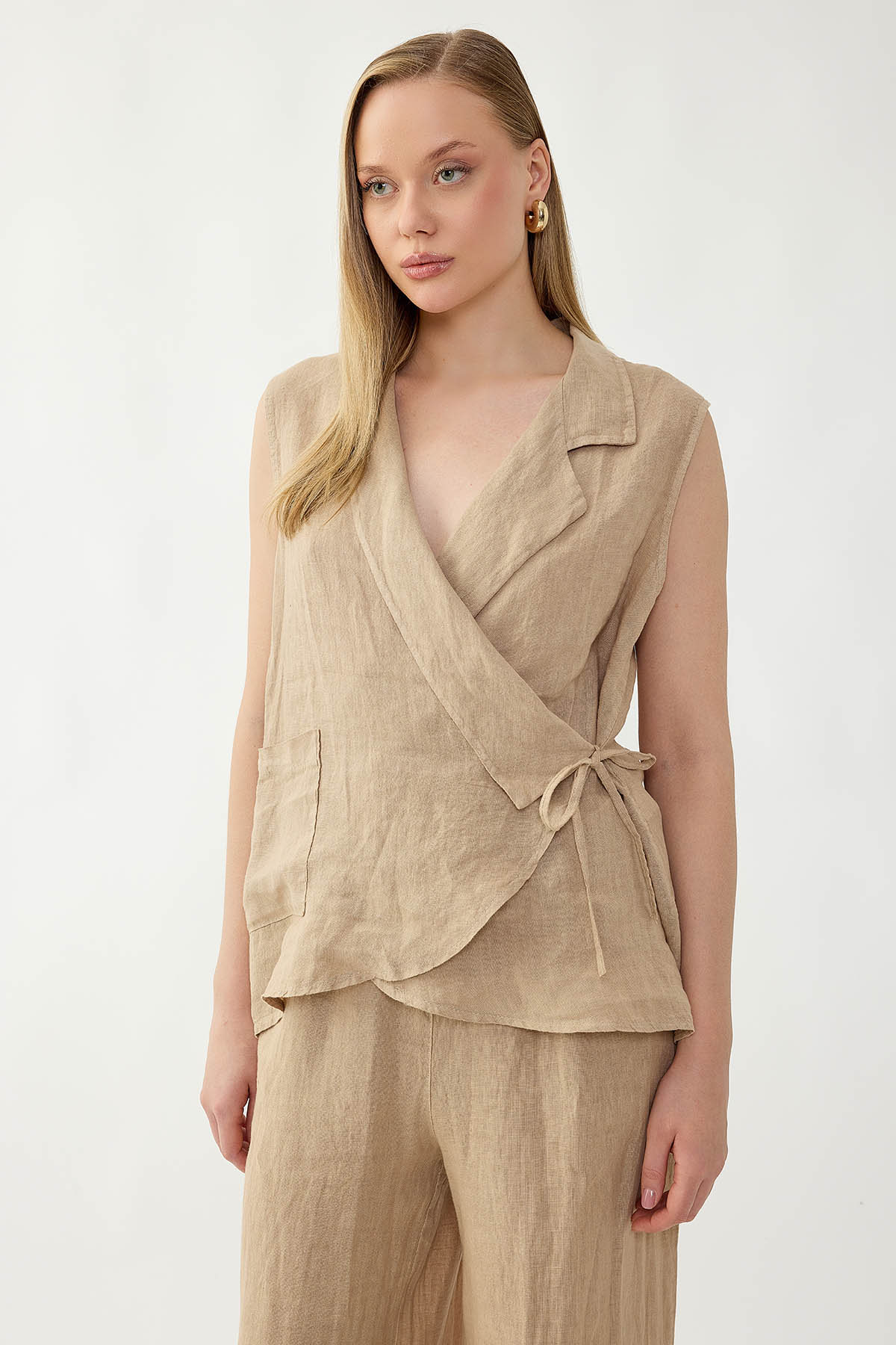 %100 Keten Kruvaze Yaka Bağlamalı Bluz - Thumbnail