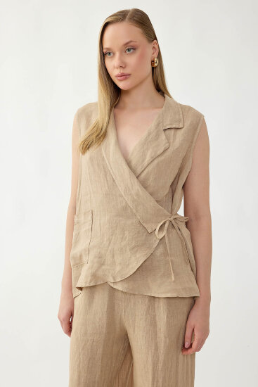 %100 Keten Kruvaze Yaka Bağlamalı Bluz - 9