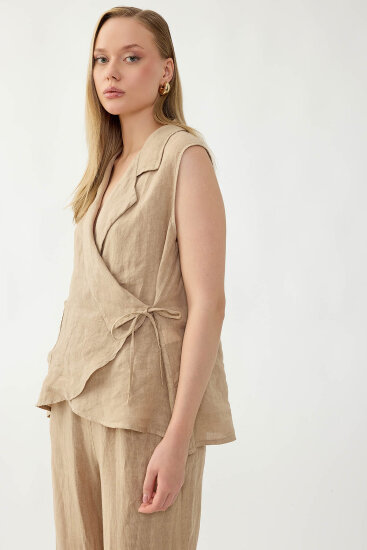 %100 Keten Kruvaze Yaka Bağlamalı Bluz - 7