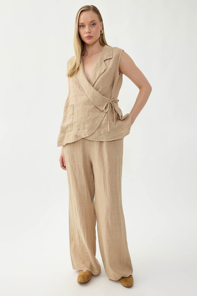 %100 Keten Kruvaze Yaka Bağlamalı Bluz - 4