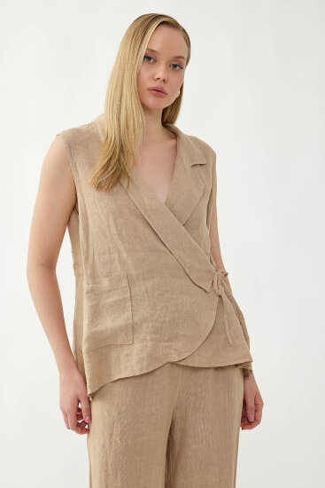 %100 Keten Kruvaze Yaka Bağlamalı Bluz - 8