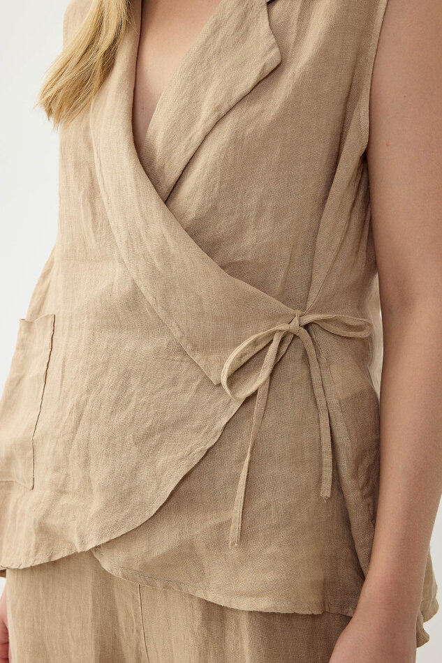 %100 Keten Kruvaze Yaka Bağlamalı Bluz - 6