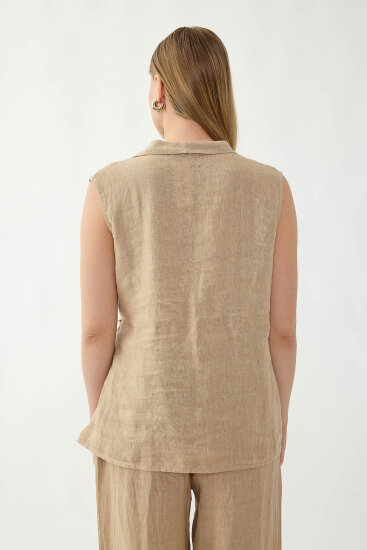 %100 Keten Kruvaze Yaka Bağlamalı Bluz - 10