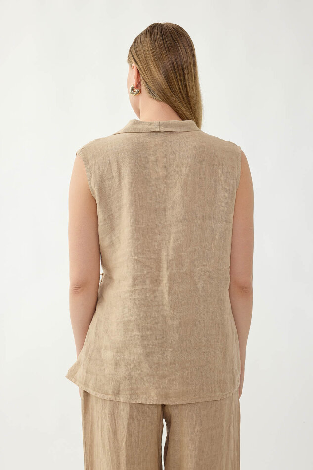 %100 Keten Kruvaze Yaka Bağlamalı Bluz - 10