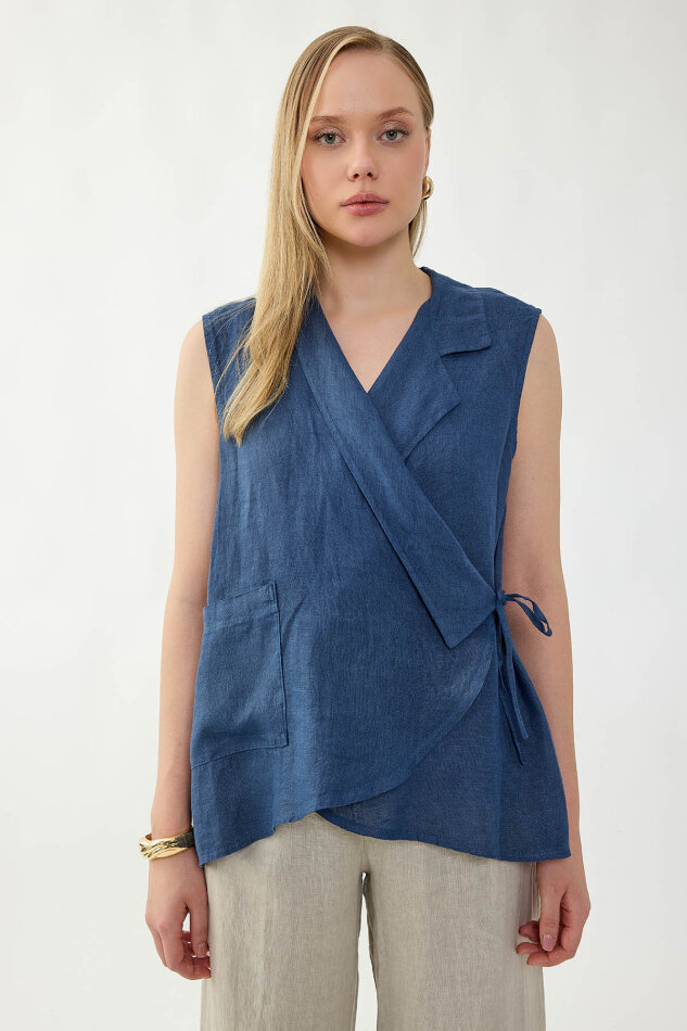 %100 Keten Kruvaze Yaka Bağlamalı Bluz - 21